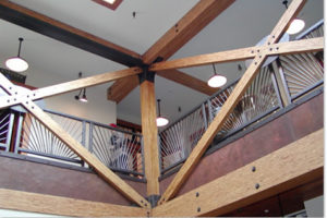Parallams, an environmentally sustainable engineered wood product from Weyerhaeuser, was used for beams and trusses in the Cash Store.